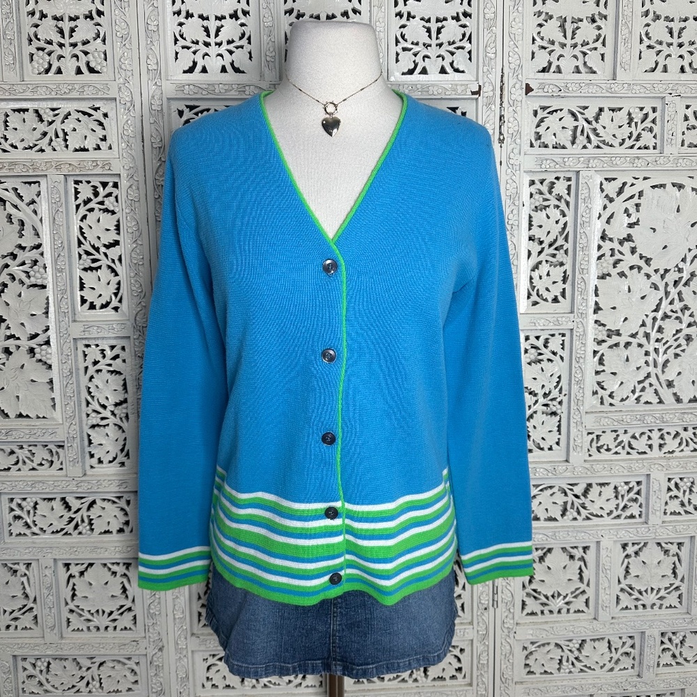 Vintage 70's Haymaker Blue‎ 7 Green Striped Preppy Golf Button Up Cardigan Sz M
